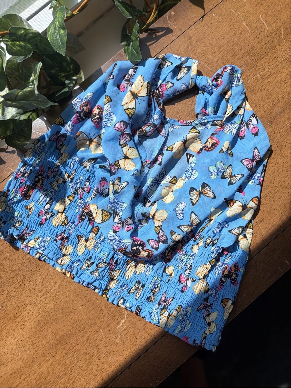 Blue Butterfly Tie Front Crop Top Boho Festival Adjustable Blouse Flowy Smocked